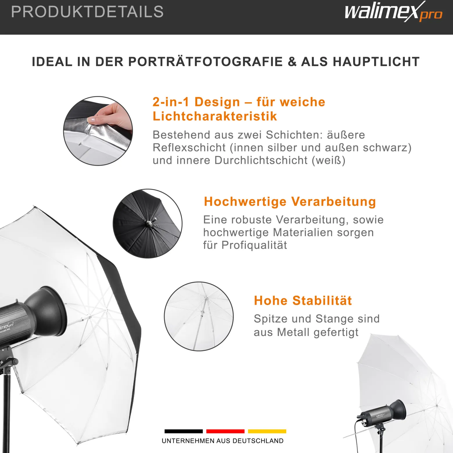 Walimex pro 2in1 Reflex- und Durchlichtschirm weiß, Fotoschirm 109 cm Durchmesser, robuster Reflexschirm mit Stange und Spitze aus Metall, Lichtformer für weiche Lichtcharakteristik