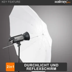 Walimex pro 2in1 Reflex- und Durchlichtschirm weiß, Fotoschirm 109 cm Durchmesser, robuster Reflexschirm mit Stange und Spitze aus Metall, Lichtformer für weiche Lichtcharakteristik