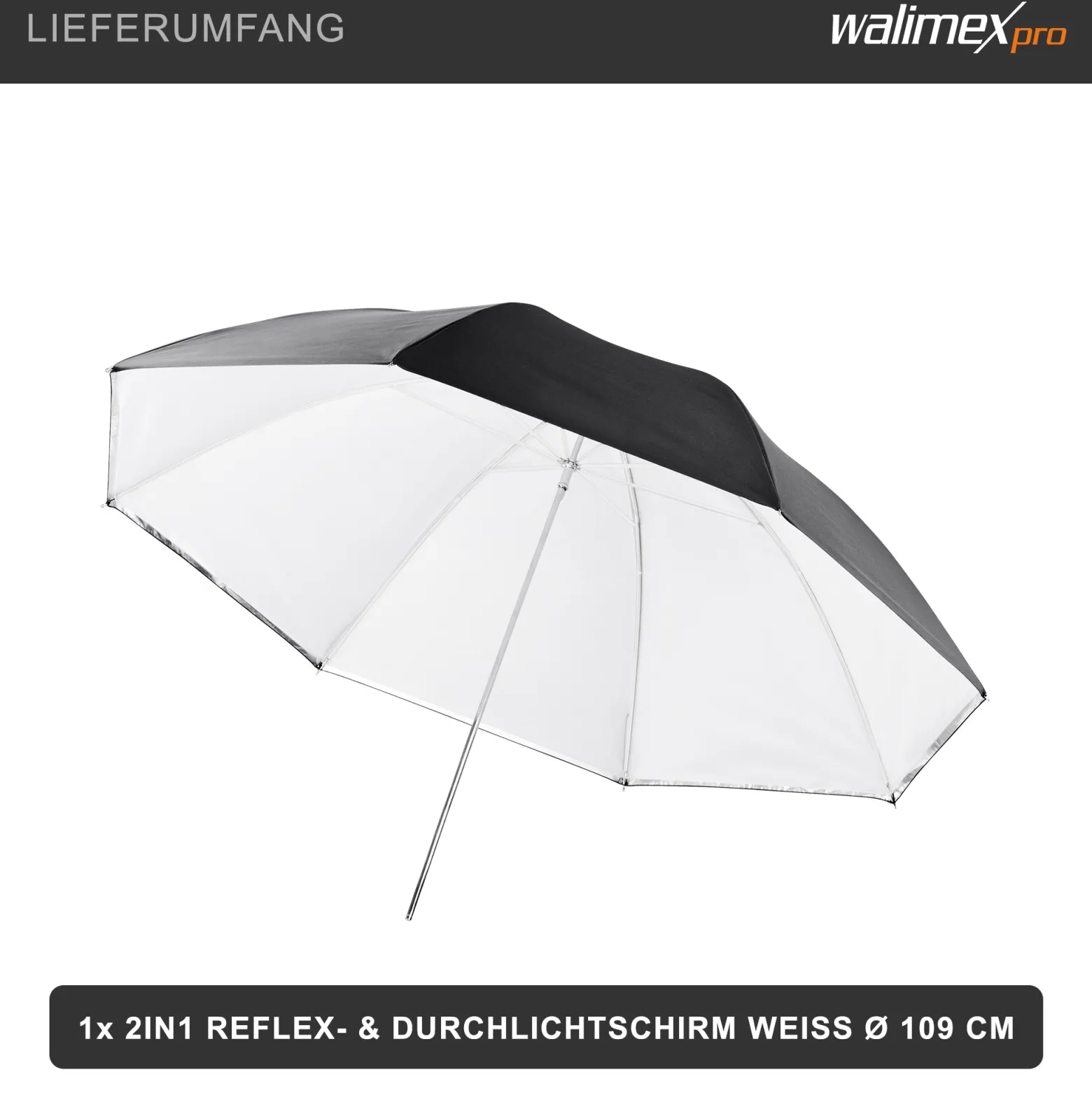 Walimex pro 2in1 Reflex- und Durchlichtschirm weiß, Fotoschirm 109 cm Durchmesser, robuster Reflexschirm mit Stange und Spitze aus Metall, Lichtformer für weiche Lichtcharakteristik