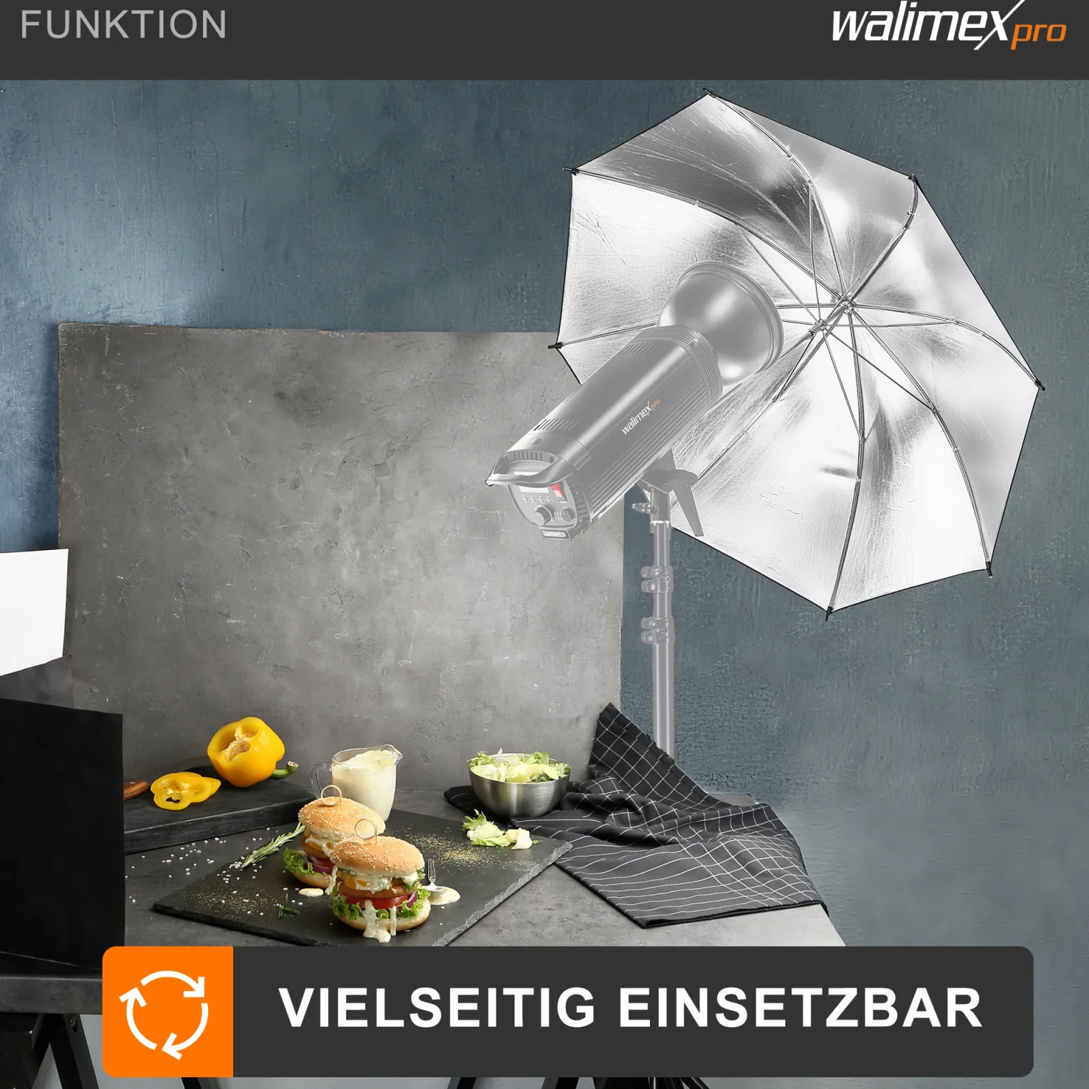 Walimex pro 2in1 Reflex- und Durchlichtschirm weiß, Fotoschirm 109 cm Durchmesser, robuster Reflexschirm mit Stange und Spitze aus Metall, Lichtformer für weiche Lichtcharakteristik