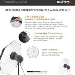 Walimex pro 2in1 Reflex- und Durchlichtschirm weiß, Fotoschirm 84 cm Durchmesser, robuster Reflexschirm mit Stange und Spitze aus Metall, Lichtformer für weiche Lichtcharakteristik