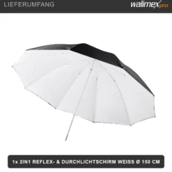 Walimex pro 2in1 Reflex- und Durchlichtschirm weiß Ø 150 cm für weiches Licht, Studioschirm mit abnehmbarer äußerer Reflexschicht (silberfarben, schwarz) und innerer Durchlichtschicht (weiß)