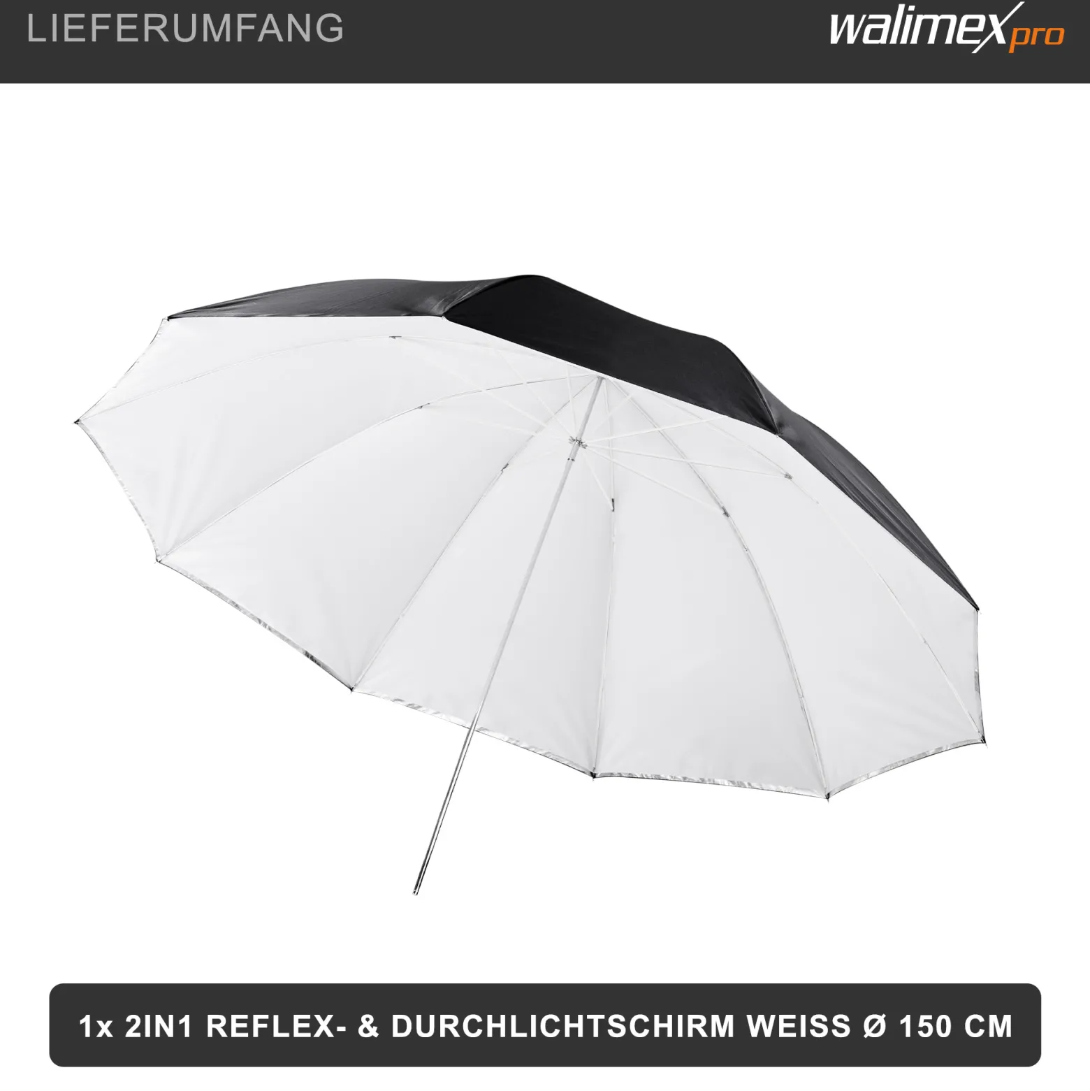 Walimex pro 2in1 Reflex- und Durchlichtschirm weiß Ø 150 cm für weiches Licht, Studioschirm mit abnehmbarer äußerer Reflexschicht (silberfarben, schwarz) und innerer Durchlichtschicht (weiß)