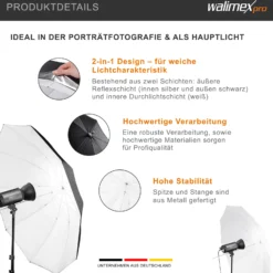 Walimex pro 2in1 Reflex- und Durchlichtschirm weiß Ø 150 cm für weiches Licht, Studioschirm mit abnehmbarer äußerer Reflexschicht (silberfarben, schwarz) und innerer Durchlichtschicht (weiß)