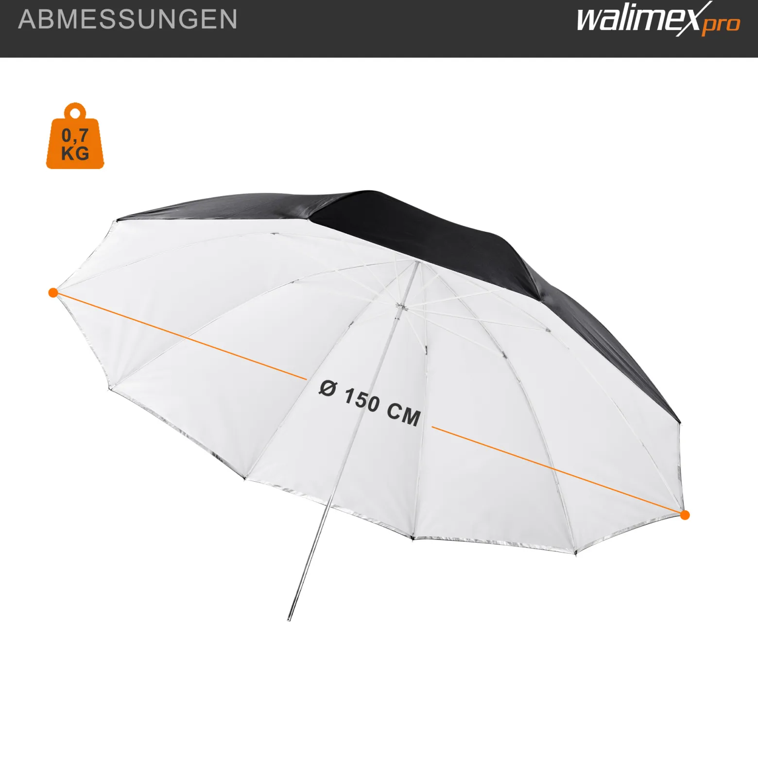 Walimex pro 2in1 Reflex- und Durchlichtschirm weiß Ø 150 cm für weiches Licht, Studioschirm mit abnehmbarer äußerer Reflexschicht (silberfarben, schwarz) und innerer Durchlichtschicht (weiß)