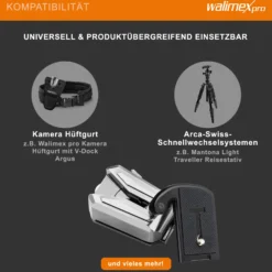 Walimex pro Kamera Clip mit V-Dock für Gürtel & Schnellwechselplatte – Kamera-Holster aus Metall – Arca-Swiss-kompatibel – V-Clip mit Kamerasicherung – Traglast bis 5kg – für Gürtel bis 50mm Breite