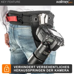 Walimex pro Kamera Clip mit V-Dock für Gürtel & Schnellwechselplatte – Kamera-Holster aus Metall – Arca-Swiss-kompatibel – V-Clip mit Kamerasicherung – Traglast bis 5kg – für Gürtel bis 50mm Breite
