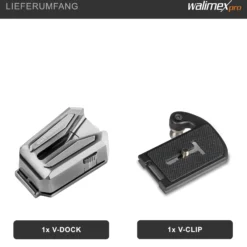 Walimex pro Kamera Clip mit V-Dock für Gürtel & Schnellwechselplatte – Kamera-Holster aus Metall – Arca-Swiss-kompatibel – V-Clip mit Kamerasicherung – Traglast bis 5kg – für Gürtel bis 50mm Breite