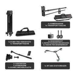 Walimex pro Kamerakran Set Director Pro II mit Videostativ EI-9901 und WT-600 Stativwagen für professionelle Kamerafahrten