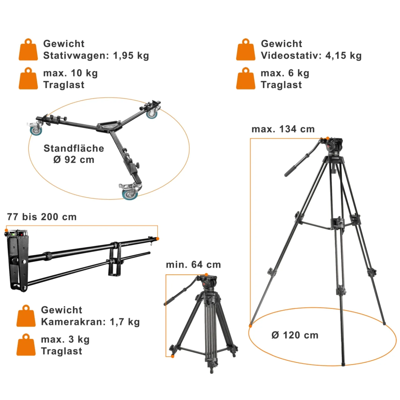 Walimex pro Kamerakran Set Director Pro II mit Videostativ EI-9901 und WT-600 Stativwagen für professionelle Kamerafahrten