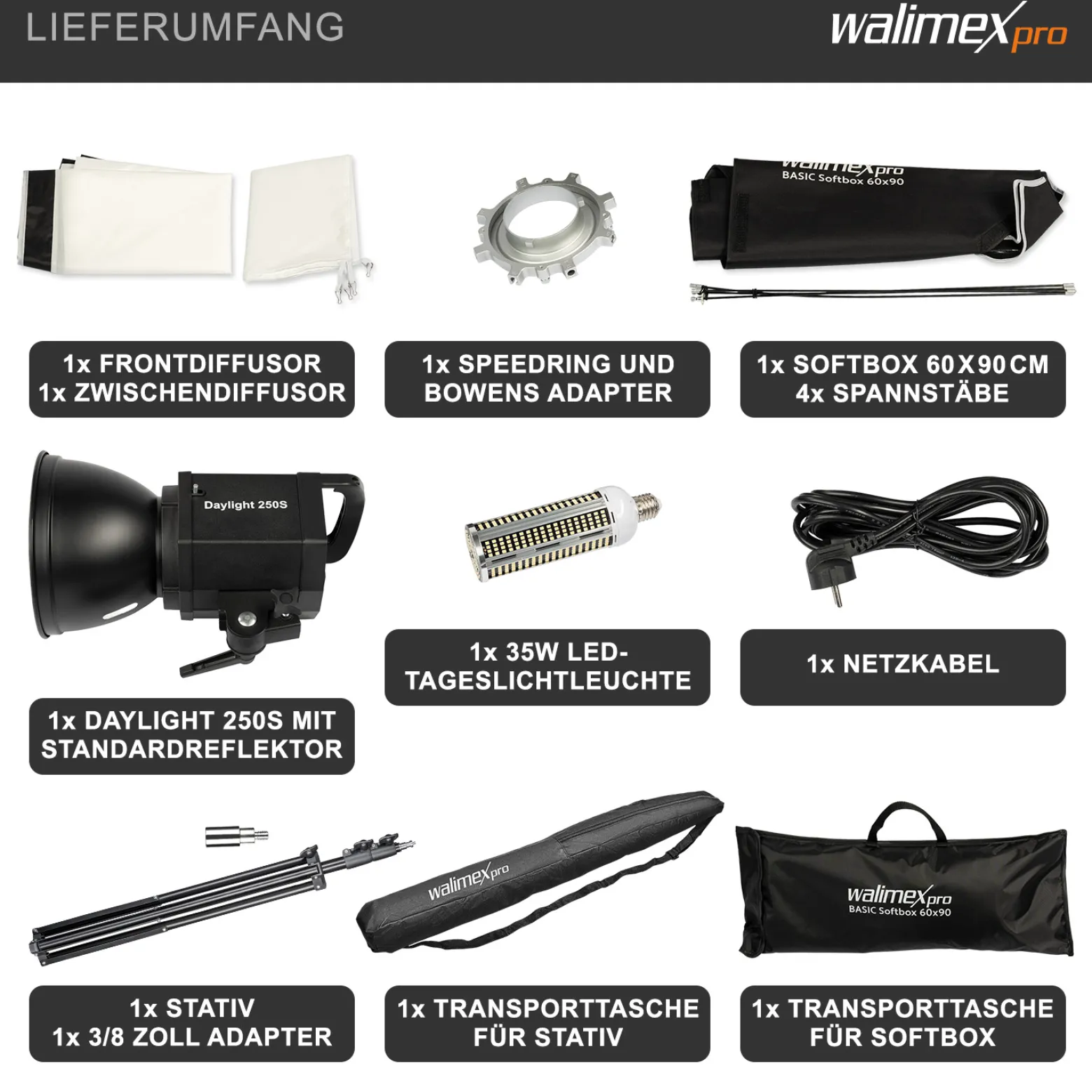 Walimex pro Komplettset mit 35 W LED Studioleuchte, 90 x 60 cm Softbox, Lampenstativ bis 256 cm, Studiolicht 5000 K Farbtemperatur, Lichtstativ mt Federdämpfung, professionelles Fotostudio Set