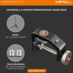 Walimex pro KX-20 Stativklemme mit Mittelsäule, Universal Schraubklemme bis 6 cm, 4x 1/4 Zoll Gewinde, Traglast 6 kg, für Kamera, Fotoblitz und Zubehör
