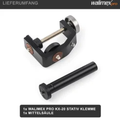 Walimex pro KX-20 Stativklemme mit Mittelsäule, Universal Schraubklemme bis 6 cm, 4x 1/4 Zoll Gewinde, Traglast 6 kg, für Kamera, Fotoblitz und Zubehör