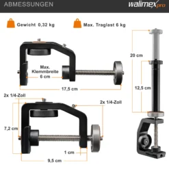 Walimex pro KX-20 Stativklemme mit Mittelsäule, Universal Schraubklemme bis 6 cm, 4x 1/4 Zoll Gewinde, Traglast 6 kg, für Kamera, Fotoblitz und Zubehör