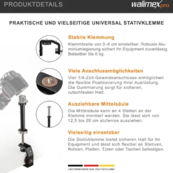 Walimex pro KX-20 Stativklemme mit Mittelsäule, Universal Schraubklemme bis 6 cm, 4x 1/4 Zoll Gewinde, Traglast 6 kg, für Kamera, Fotoblitz und Zubehör