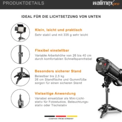 Walimex pro Lampenstativ höhenverstellbar bis 40 cm, Mini Stativ mit 2,5 kg Tragkraft, Lichtstativ für kleinere Lampen, Studioblitze, Studioleuchten und Kompaktblitze