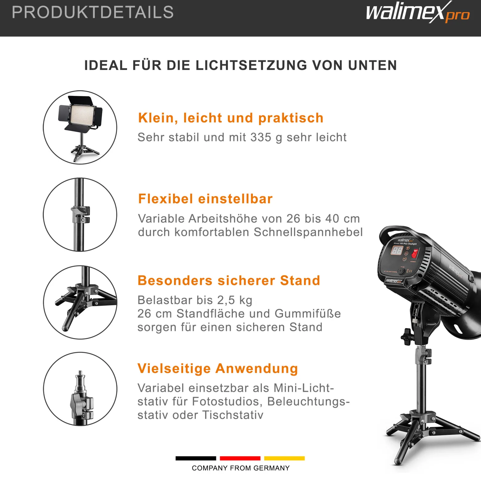 Walimex pro Lampenstativ höhenverstellbar bis 40 cm, Mini Stativ mit 2,5 kg Tragkraft, Lichtstativ für kleinere Lampen, Studioblitze, Studioleuchten und Kompaktblitze