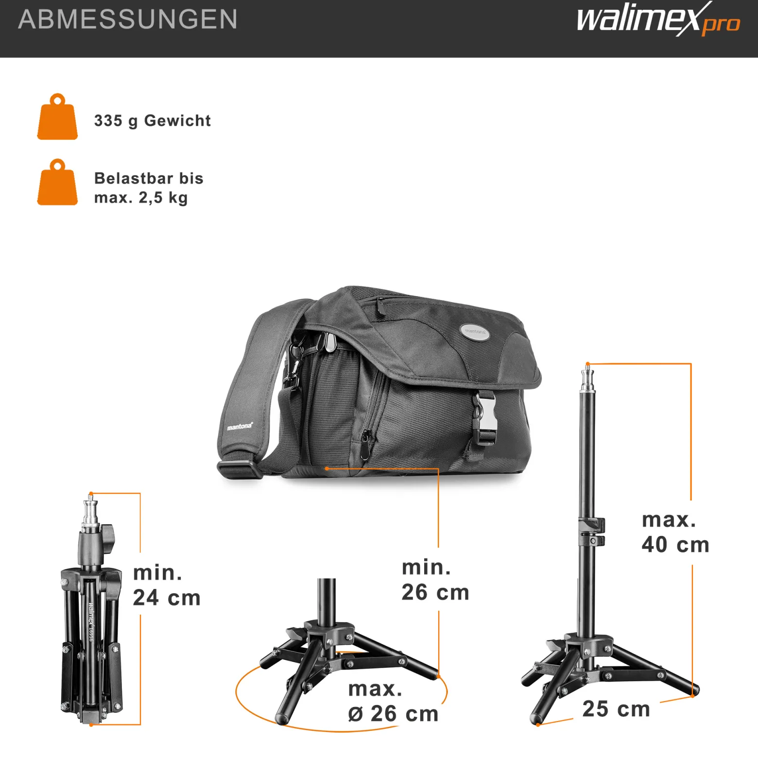 Walimex pro Lampenstativ höhenverstellbar bis 40 cm, Mini Stativ mit 2,5 kg Tragkraft, Lichtstativ für kleinere Lampen, Studioblitze, Studioleuchten und Kompaktblitze