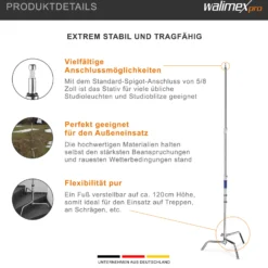 Walimex pro Lampenstativ mit verstellbarem Fuß – silberfarben – 750 x 750 x 1400 mm – Tragkraft bis 11 kg – mit 5/8" Spigot – Century Stand für Studiolicht Studioblitz
