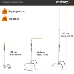 Walimex pro Lampenstativ mit verstellbarem Fuß – silberfarben – 750 x 750 x 1400 mm – Tragkraft bis 11 kg – mit 5/8