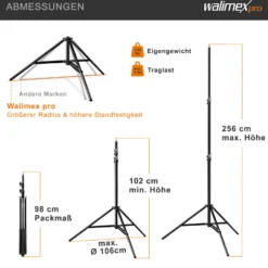 Walimex pro Lampenstativ Set mit Tasche, 3 verschiedene Lichtstative plus Transporttasche bis max. 256 cm Höhe, Blitzstativ belastbar max. 6 kg für Studio und Outdoor