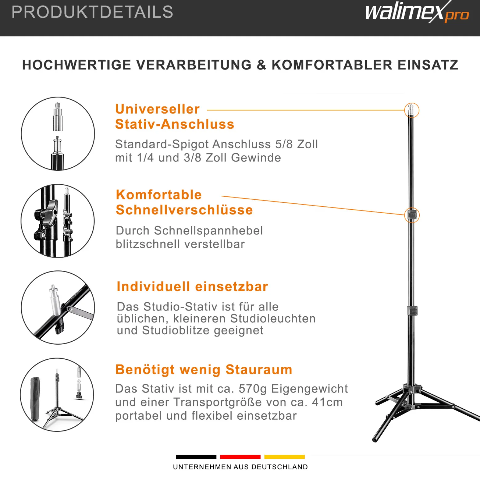 Walimex pro Lampenstativ Set mit Tasche, 3 verschiedene Lichtstative plus Transporttasche bis max. 256 cm Höhe, Blitzstativ belastbar max. 6 kg für Studio und Outdoor