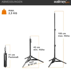 Walimex pro Lampenstativ Set mit Tasche, 3 verschiedene Lichtstative plus Transporttasche bis max. 256 cm Höhe, Blitzstativ belastbar max. 6 kg für Studio und Outdoor