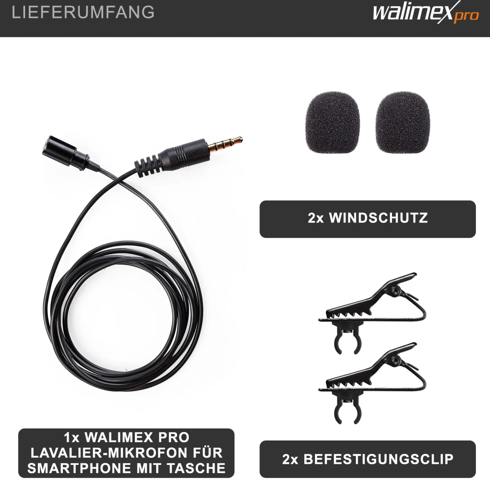 Walimex pro Lavalier Ansteck Mikrofon Boya LM10 für Smartphone/DSLR - 109 x 82 x 19 mm - mit 3,5 mm Klinke, Windschutz und Clips - kompatibel mit Android, kompatibel mit iPhone