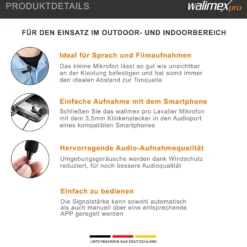 Walimex pro Lavalier Ansteck Mikrofon Boya LM10 für Smartphone/DSLR - 109 x 82 x 19 mm - mit 3,5 mm Klinke, Windschutz und Clips - kompatibel mit Android, kompatibel mit iPhone