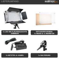 Walimex pro LED 500 Flächenleuchte, dimmbares Flächenlicht mit LCD-Display & Touchscreen, Videoleuchte mit vier Abschirmkappen, Stativaufnahme neigbar