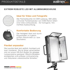Walimex pro LED 500 Flächenleuchte 30 W, Flächenlicht Tageslichtversion, Videoleuchte mit robustem Metallgehäuse + Halterung, leistungsstarke Studioleuchte