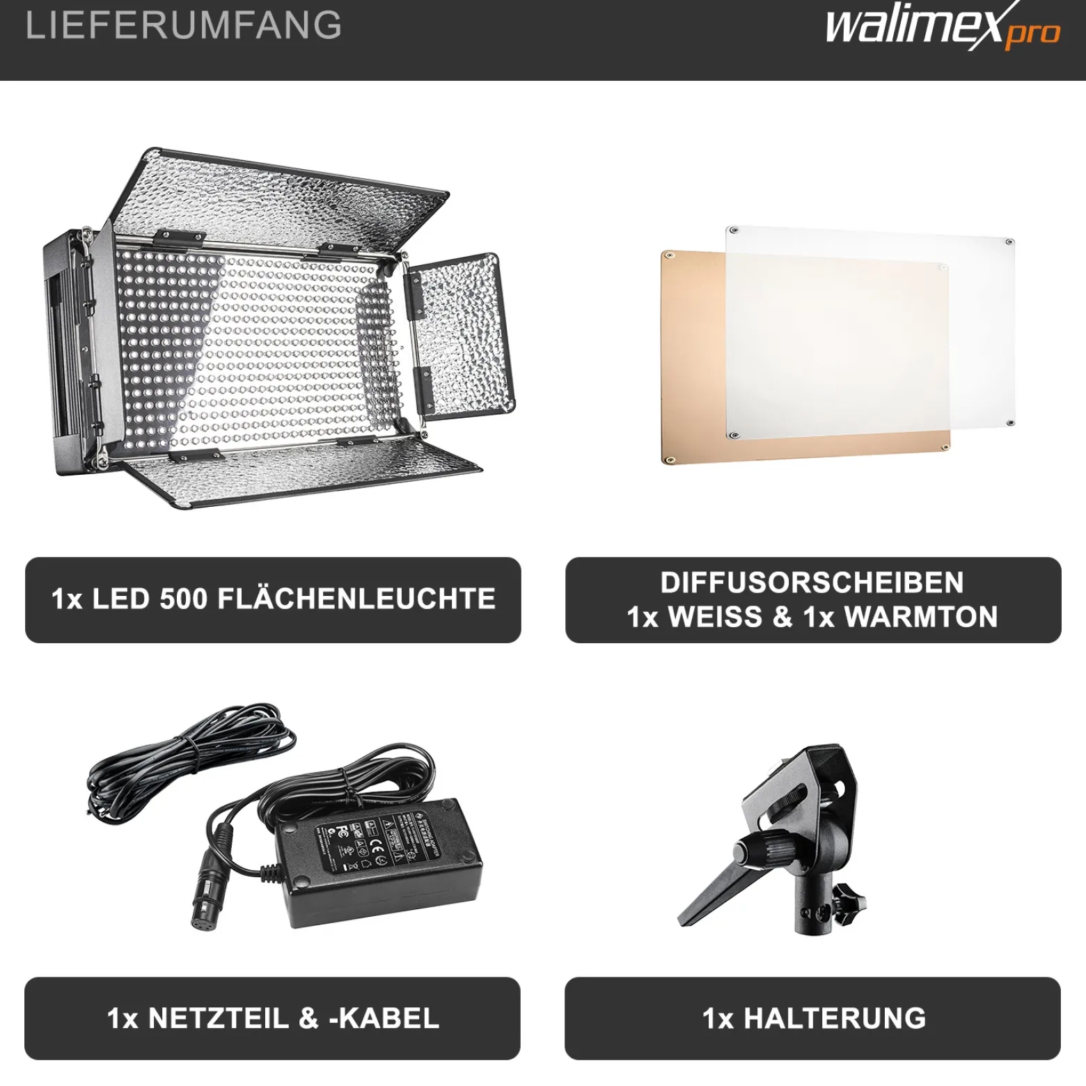 Walimex pro LED 500 Flächenleuchte 30 W, Flächenlicht Tageslichtversion, Videoleuchte mit robustem Metallgehäuse + Halterung, leistungsstarke Studioleuchte