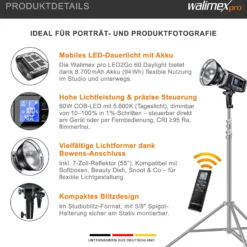Walimex pro LED2Go 60 Daylight Videoleuchte, LED Dauerlicht 60 W mit Akku, Studioleuchte mit Bowens S-Type Anschluss, moderne COB-Technologie, ideal für Fotostudio