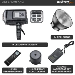 Walimex pro LED2Go 60 Daylight Videoleuchte, LED Dauerlicht 60 W mit Akku, Studioleuchte mit Bowens S-Type Anschluss, moderne COB-Technologie, ideal für Fotostudio