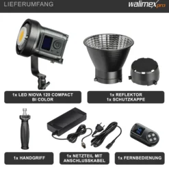 Walimex pro LED Niova Compact 120 W Bi-Color Videoleuchte, Videolicht mit Bowens-Anschluss, Studiolicht mit COB LED-Technologie, Leuchtstärke verstellbar von 10-100%