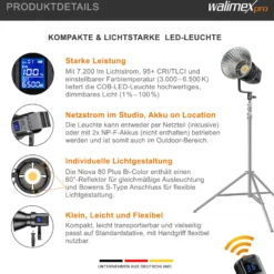Walimex pro LED Niova Compact Bi-Color 80 W Videoleuchte, Studioleuchte mit Bowens-Anschluss, Videolicht variable Farbtemperatur, leistungsstarkes Dauerlicht