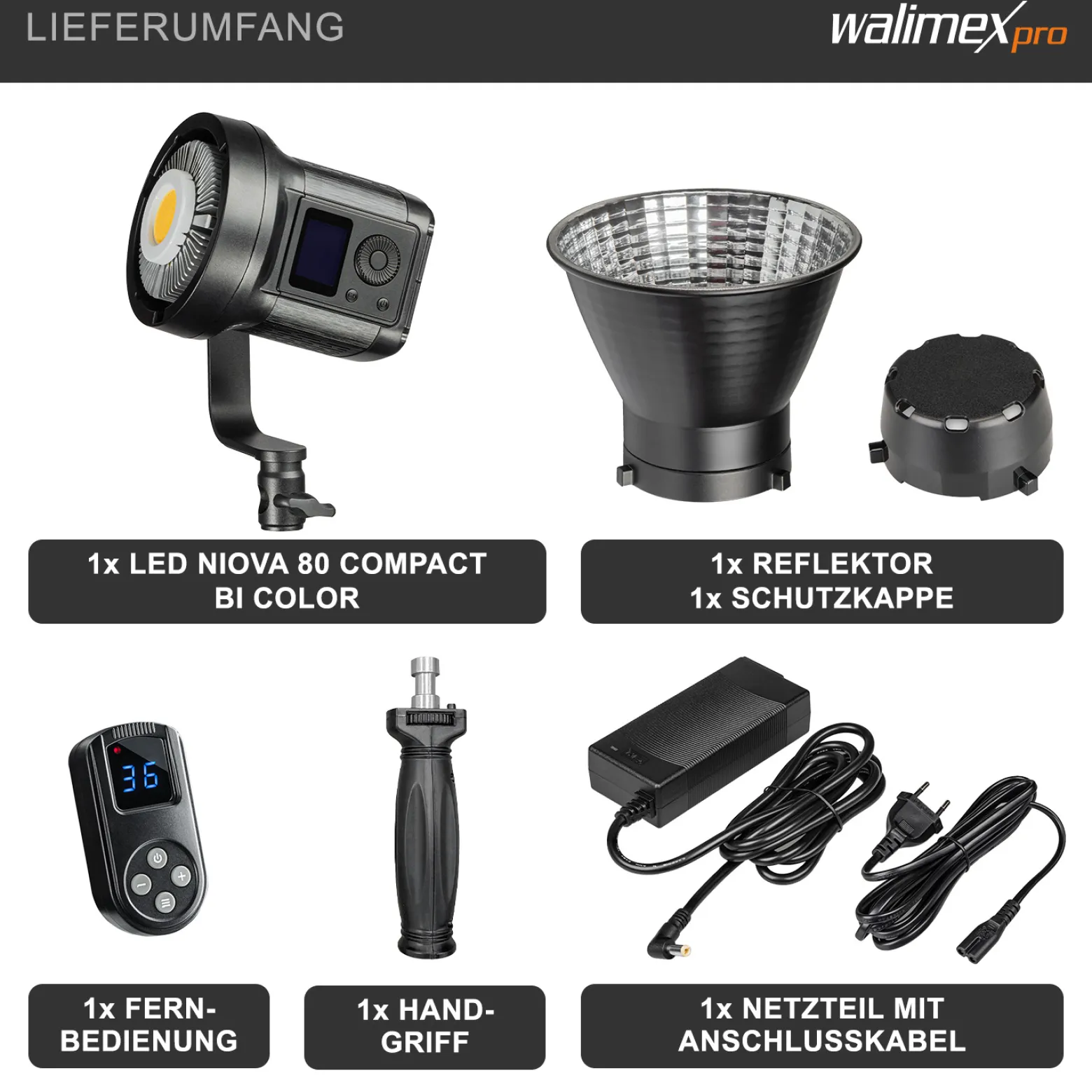 Walimex pro LED Niova Compact Bi-Color 80 W Videoleuchte, Studioleuchte mit Bowens-Anschluss, Videolicht variable Farbtemperatur, leistungsstarkes Dauerlicht