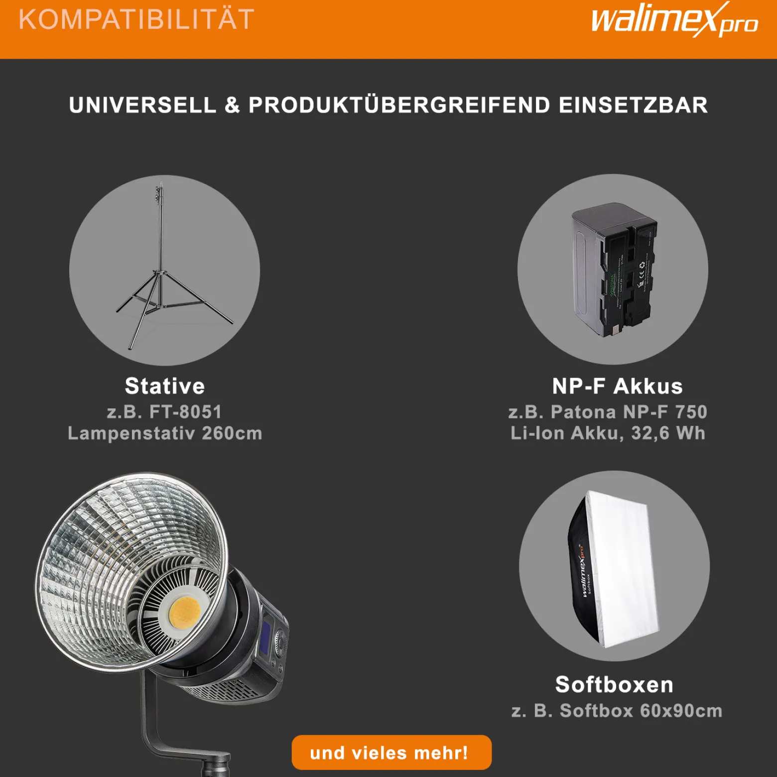 Walimex pro LED Niova Compact Bi-Color 80 W Videoleuchte, Studioleuchte mit Bowens-Anschluss, Videolicht variable Farbtemperatur, leistungsstarkes Dauerlicht