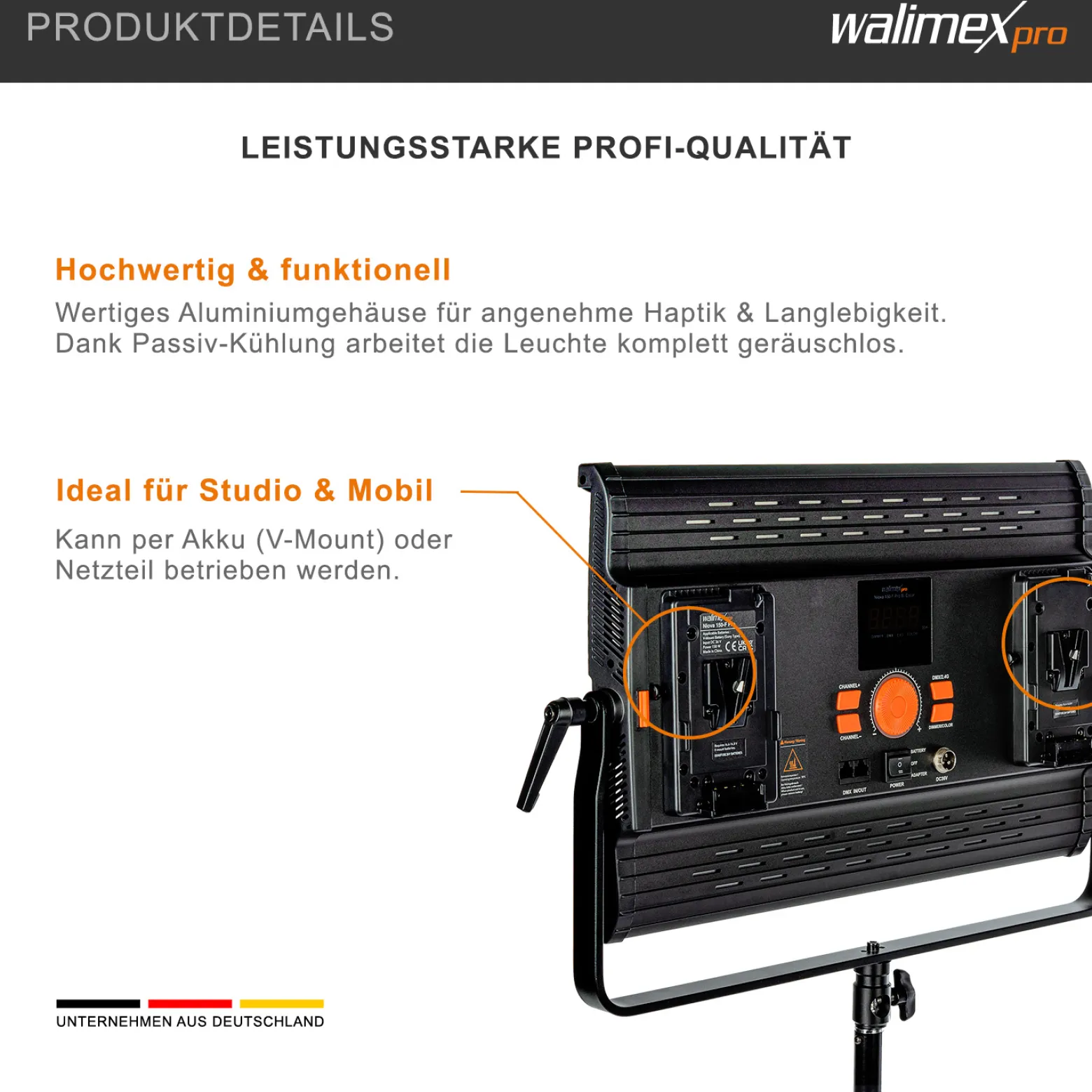 Walimex pro LED Niova 150-F Pro Flächenleuchte, 150 W Flächenlicht mit Bi-Color, Studioleuchte Helligkeit dimmbar, Videoleuchte mit Funksteuerung oder DMX512