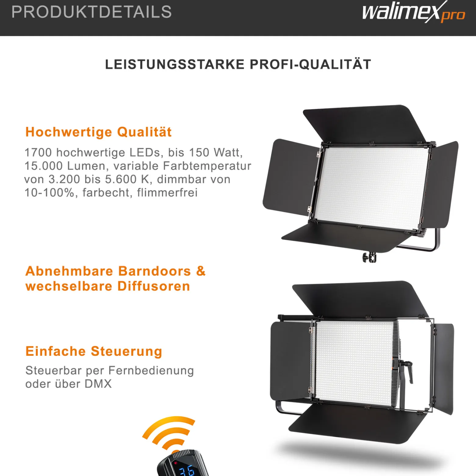 Walimex pro LED Niova 150-F Pro Flächenleuchte, 150 W Flächenlicht mit Bi-Color, Studioleuchte Helligkeit dimmbar, Videoleuchte mit Funksteuerung oder DMX512
