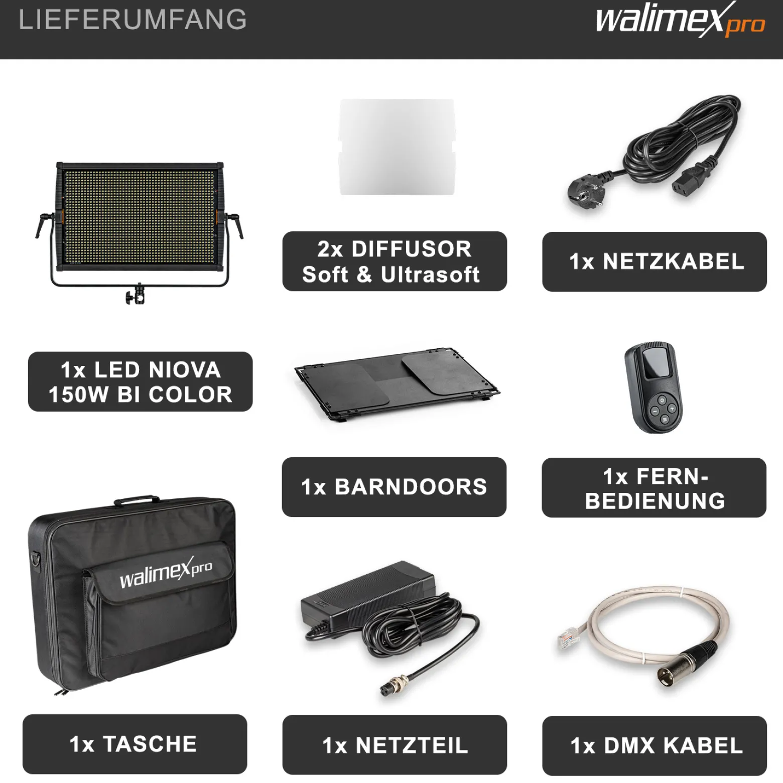 Walimex pro LED Niova 150-F Pro Flächenleuchte, 150 W Flächenlicht mit Bi-Color, Studioleuchte Helligkeit dimmbar, Videoleuchte mit Funksteuerung oder DMX512