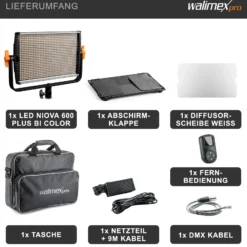 Walimex pro LED Niova 600 Plus Bi-Color Flächenleuchte, dimmbare Videoleuchte, Studioleuchte mit Fernbedienung, mobiles Dauerlicht inkl. Transporttasche