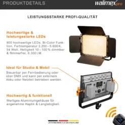 Walimex pro LED Niova 900 Plus Bi Color Videoleuchte, dimmbare Flächenleuchte, Studioleuchte mit Fernbedienung, 54 W Studiolicht, leistungsstarkes Streaming-Licht