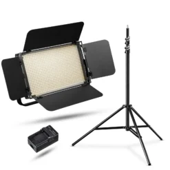 Walimex pro LED Niova 900 Plus Bi Color mit Lampenstativ & NP-F Akku, dimmbare Flächenleuchte, Lampenständer mit Federdämpfung, Studioleuchte mit Fernbedienung