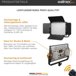 Walimex pro LED Niova 900 Plus Daylight Videoleuchte 54 W, dimmbare Flächenleuchte, professionelle Leuchte mit Tageslicht, Studioleuchte mit Fernbedienung