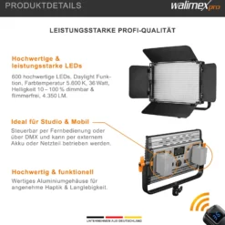 Walimex pro LED Niova 600 Plus Daylight Videoleuchte 36 W, dimmbare Flächenleuchte, professionelle Leuchte mit Tageslicht, Studioleuchte mit Fernbedienung
