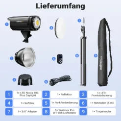 Walimex pro LED Niova Plus DL 100 W + Stativ Set, dimmbare LED Videoleuchte plus Blitzstativ mit Federdämpfung bis 256 cm Höhe