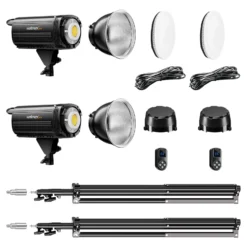 Walimex pro LED Niova Plus DL 100 W + Stativ 2er Set, dimmbare LED Videoleuchten plus Blitzstative mit Federdämpfung bis 256 cm Höhe