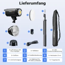 Walimex pro LED Niova Plus DL 100 W + Stativ 2er Set, dimmbare LED Videoleuchten plus Blitzstative mit Federdämpfung bis 256 cm Höhe
