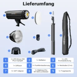 Walimex pro LED Niova Plus DL 200 W + Stativ Set, dimmbare LED Videoleuchte plus Blitzstativ mit Federdämpfung bis 256 cm Höhe